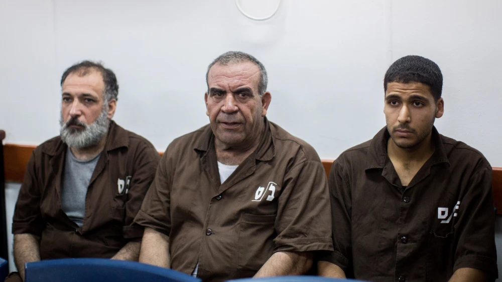 The group of terrorists who involved in the terror attack near Shvut Rachel on June 29, 2015 where Malachi Rosenfeld was murdered is seen at the Israel's Ofer military court near the West Bank city of Ramallah on August 17, 2015. Credit: Yonatan Sindel/Flash90.