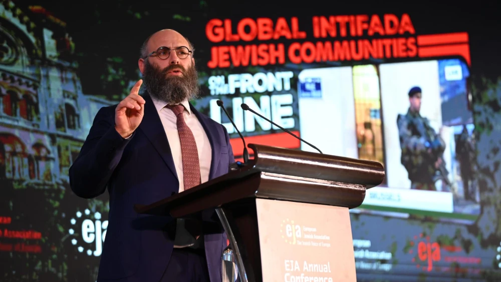 Rabbi Menachem Margolin speaks at a conference on antisemitism in Brussels, Belgium on April 15, 2026. Photo by Yoav Dudkevitch.