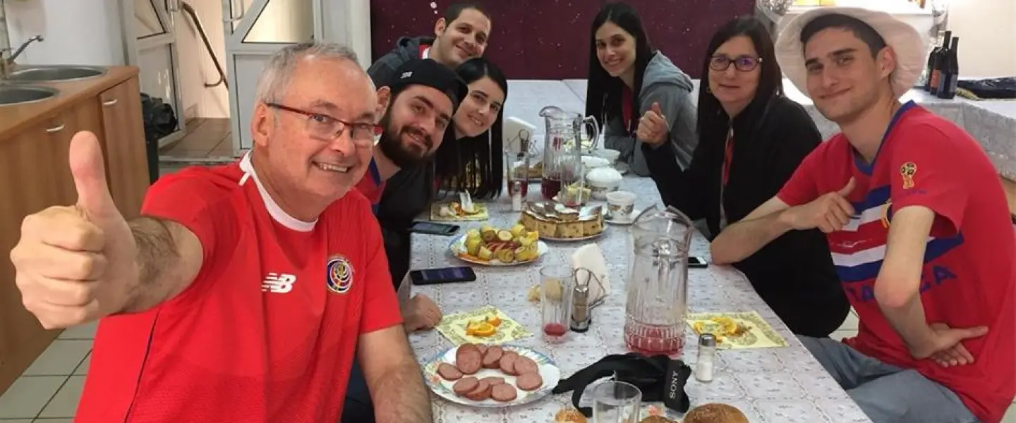 Soccer fans enjoy a kosher meal at the Chabad Jewish community center in Samara, Russia. (Credit: Chabad.org/News)