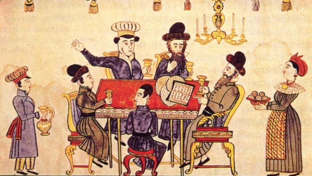 A Ukrainian 19th-century “lubok” (popular print) representing the Passover seder table. Credit: Anonymous folk artist via Wikimedia Commons.