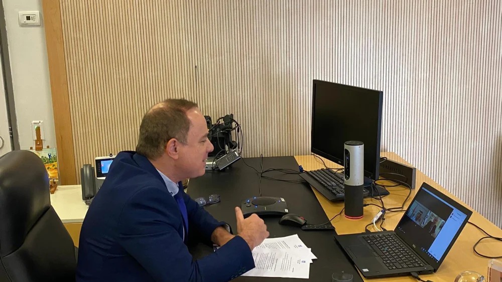 Israeli Energy Minister Yuval Steinitz on a video call with the energy minister of the UAE on Sept. 23, 2020. Source: Twitter.