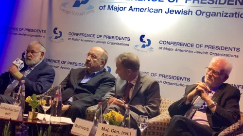 From left: Maj. Gen. (res.) Yaakov Amidror, Dore Gold, David Horovitz and Maj. Gen. (ret.) Amos Gilead at a panel discussion regional issues at the Conference of Presidents of Major Jewish Organizations summit in Jerusalem on Feb. 18, 2019. Source: Twitter.