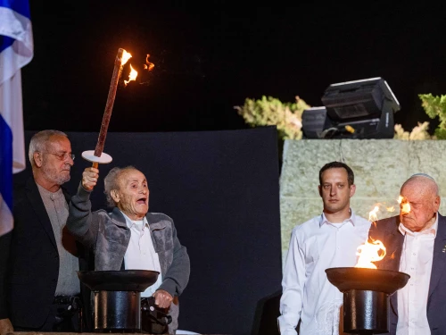 A ceremony held at the Yad Vashem Holocaust Memorial Museum in Jerusalem, as Israel marks the annual Holocaust Remembrance Day. April 23, 2025. Photo by Chaim Goldberg/Flash90.