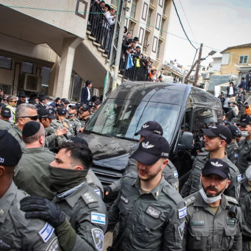 Mourners attend the funeral of Rabbi Chaim Kanievsky at the cemetery in the city of Bnei Brak, on March 20, 2022. Photo by David Cohen/Flash90.