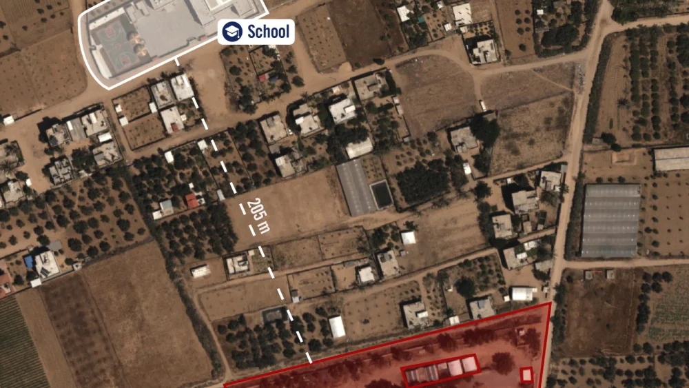 An aerial image of the Gaza Strip which according to the Israeli military shows a Hamas base in close proximity to a school. The image was uploaded to the IDF's official Twitter feed on July 26, 2021. Source: Twitter.