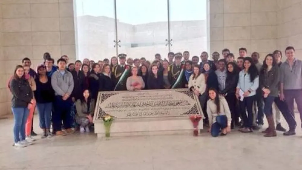 Click photo to download. Caption: Israel Trek trip participants from Harvard University visit Yasser Arafat's grave. The trip is sponsored by Harvard Hillel and Combined Jewish Philanthropies of Boston. Credit: Twitter.