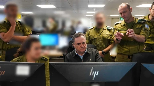 Israeli Defense Minister Israel Katz at the Israel Defense Forces' Military Intelligence Directorate's 'Houthi command center,' Oct. 16, 2025. Credit: Israeli Defense Ministry.