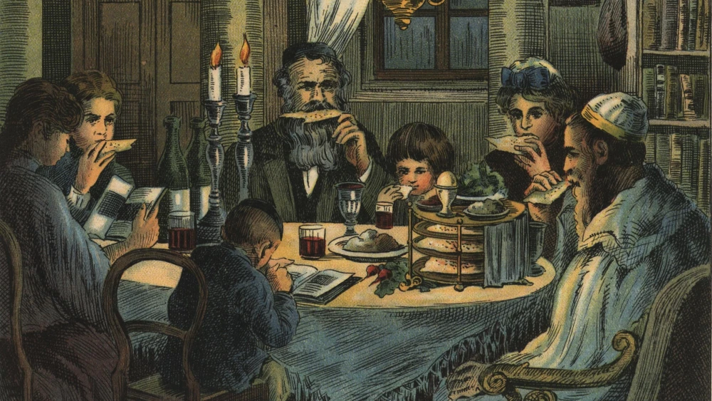 “Eating Matzah,” illustration from a Passover Haggadah, Vienna, 1928. Credit: Publisher J. Schlesinger/From the National Library of Israel Collection.