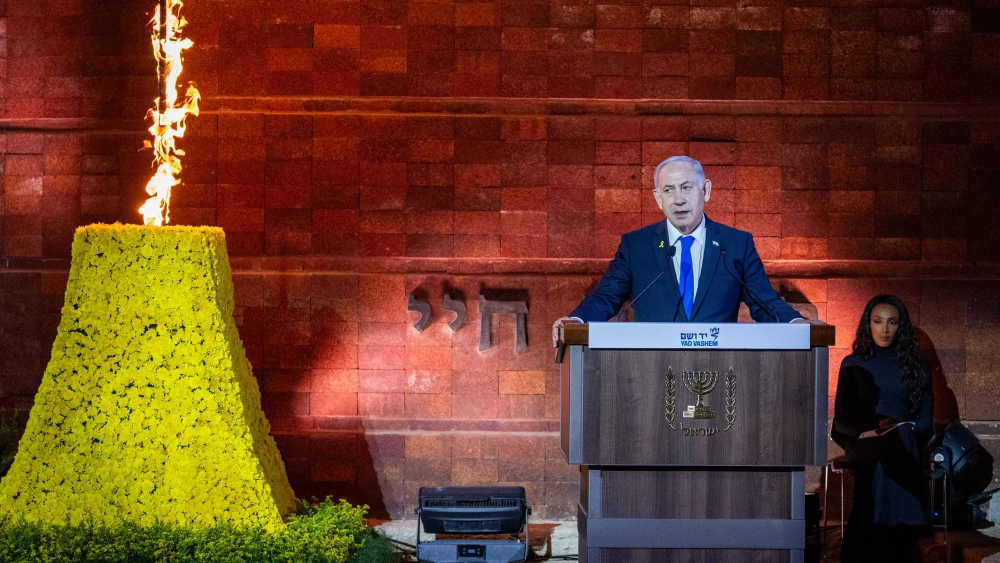 Israeli Prime Minister Benjamin Netanyahu at ceremony held at the Yad Vashem Holocaust Memorial Museum in Jerusalem, as Israel marks the annual Holocaust Remembrance Day. April 23, 2025. Photo by Chaim Goldberg/Flash90.