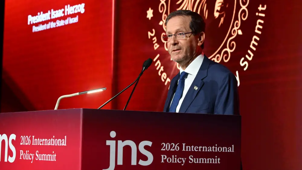 Israeli President Isaac Herzog addresses the second annual JNS International Policy Summit at the Waldorf Astoria in Jerusalem, June 22, 2026. Photo by Nim Gluckman.