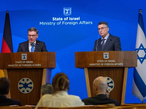 German Foreign Minister Johann Wadephul, left, and Israeli Foreign Minister Gideon Sa'ar hold a joint press conference at the Ministry of Foreign Affairs, in Jerusalem, on March 10, 2026. Photo by Yonatan Sindel/Flash90.