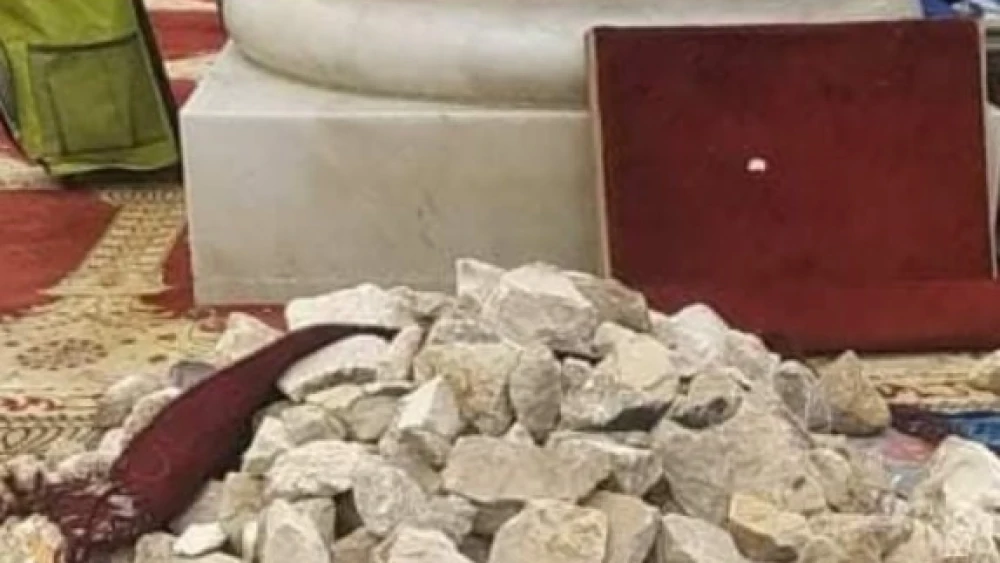 Stones stockpiled inside the Al-Aqsa mosque. Source: Twitter, posted by Khaled Abu Toameh, May 10, 2021.