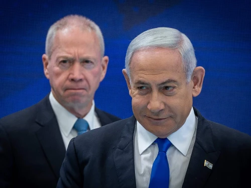Then-Defense Minister Yoav Gallant (left) and Prime Minister Benjamin Netanyahu at an event honoring Israel's 75th Independence Day at the President's Residence in Jerusalem, April 26, 2023. Photo by Yonatan Sindel/Flash90.