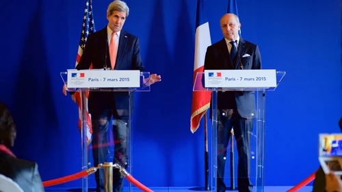 U.S. Secretary of State John Kerry addresses reporters during a joint news conference with French Foreign Minister Laurent Fabius in Paris on March 7, 2015, following a bilateral meeting focused on the nuclear negotiations with Iran and other regional issues. Credit: U.S. State Department.