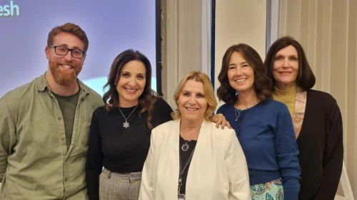 The panel at the Jerusalem Business Conference on Nov. 19, 2025, featuring Zev Levi, Fleur Hassan-Nahoum, Debbie Sassen and Heather Dean, pose with organizer Lesley Kaplan in the middle. Photo by Sharon Altshul.