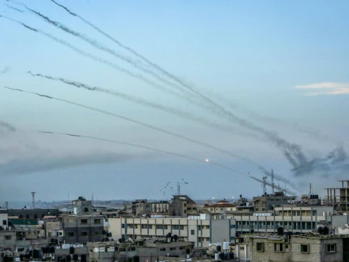 Hamas fires a large number of rockets toward Israel in the city of Rafah in the southern Gaza Strip, Oct. 7, 2023. Photo by Abed Rahim Khatib/Flash90.