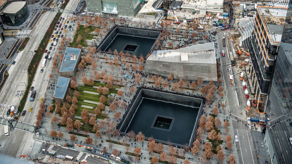 An aerial view of the 9/11 Memorial Museum in Lower Manhattan. Credit: Nick Starichenko/Shutterstock.