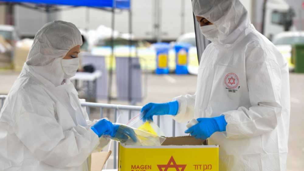 An Israeli Magen David Adom national emergency service drive-through coronavirus-testing complex in Bnei Brak on March 31, 2020. Photo by Flash90.