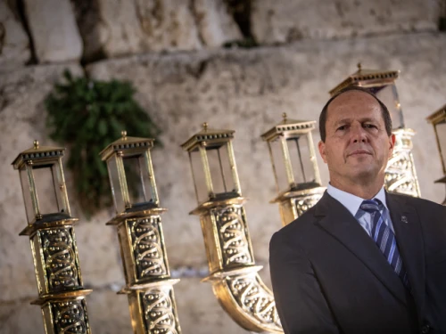 Then-Jerusalem Mayor Nir Barkat attends a Chanukah event at the Western Wall in the Old City on Dec. 3, 2018. Photo by Aharon Krohn/Flash90.