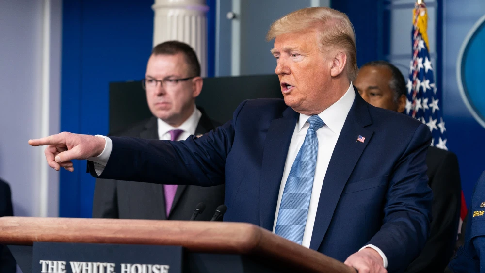U.S. President Donald Trump, joined by members of the White House Coronavirus Task Force, takes questions from reporters during a coronavirus update briefing on March 21, 2020, in the James S. Brady Press Briefing Room of the White House. Credit: Andrea Hanks/The White House.