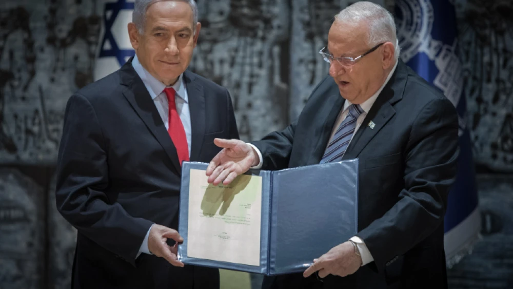 Israel's President Reuven Rivlin and Prime Minister Benjamin Netanyahu hold joint statements as Rivlin task Benjamin Netanyahu with forming the next coalition, at the president's residence in Jerusalem on April 17, 2019. Photo by Noam Revkin Fenton/Flash90.