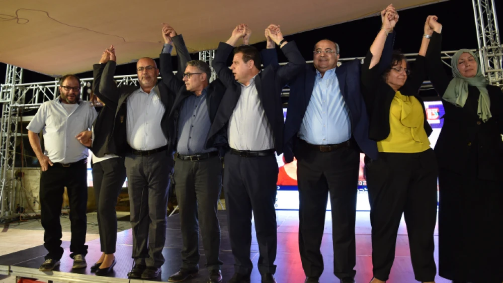 Joint List Party candidates celebrate as the first results in the Israeli elections are announced, Sept. 17, 2019. Photo by Basel Awidat/Flash90.