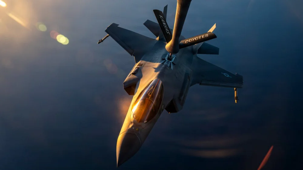 A U.S. F-35 stealth fighter is refueled during a routine patrol over regional waters in the Middle East, May 2026. Credit: United States Central Command.