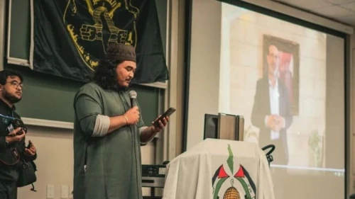 Hezbollah spokesman Ibrahim al-Mousawi addresses University of Cape Town students via Zoom, Sept. 15, 2023. Courtesy of the SA Jewish Report.