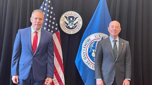 Israeli Ambassador to the United Nations Gilad Erdan (left) meets with U.S. Homeland Security Department Secretary Alejandro Mayorkas, August 2021. Source: Gilad Erdan via Twitter.