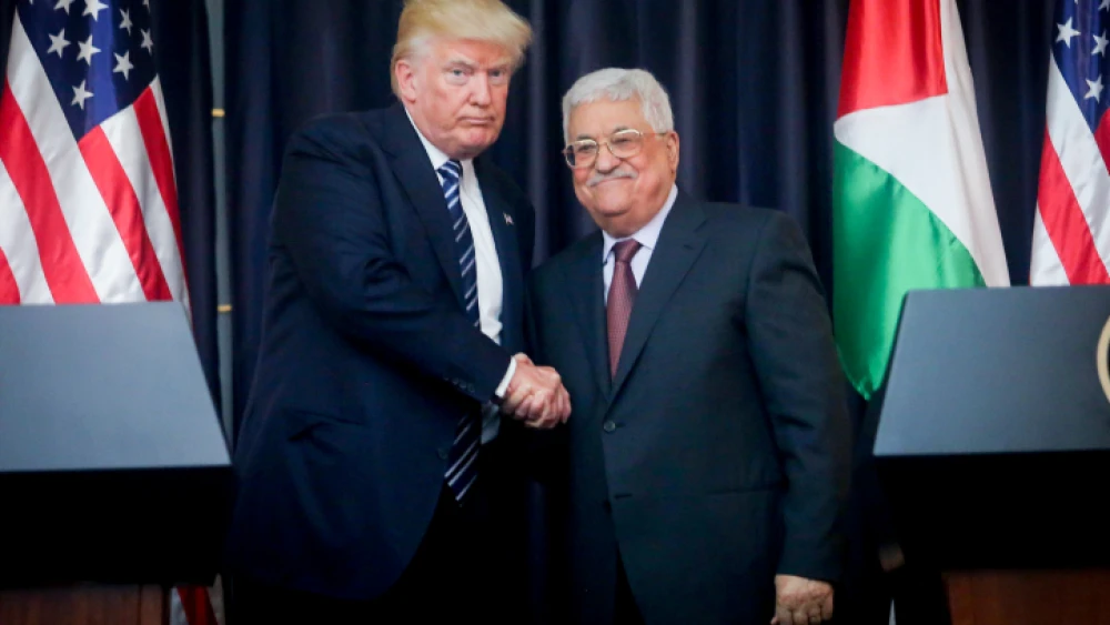 U.S. President Donald Trump and Palestinian Authority leader Mahmoud Abbas at a joint press conference in Bethlehem, May 23, 2017. Credit: Flash90.