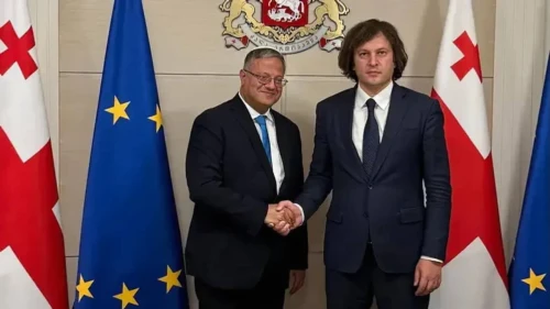 Israeli National Security Minister Itamar Ben-Gvir (left) meets with Georgia's prime minister, Irakli Kobakhidze, in Tbilisi, Aug. 24, 2025. Credit: Israeli Ministry of National Security.