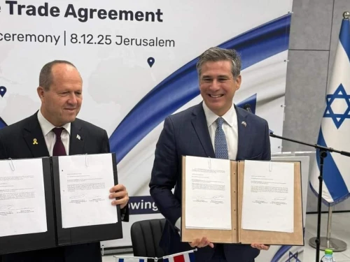 Israeli Economic Minister Nir Barkat and Costa Rica's minister of foreign trade, Manuel Tovar Rivera, at the signing ceremony for a free trade agreement in Jerusalem, Dec. 8, 2025. Credit: Israeli Ministry of Foreign Affairs.