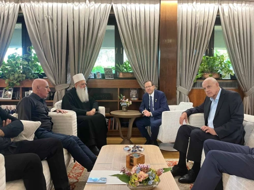 Israeli President Isaac Herzog with Druze Sheikh Muwaffaq Tarif and his team at the president's residence in Jerusalem, July 22, 2025. Source: @Isaac_Herzog/X.