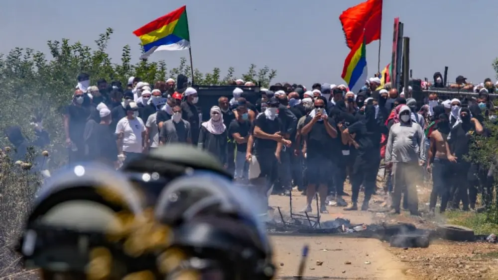 Druze protest in the Golan Heights against the construction of a new wind farm near the Druze village of Majdal Shams, in the Golan Heights, June 21, 2023. Photo by Ayal Margolin/Flash90/
