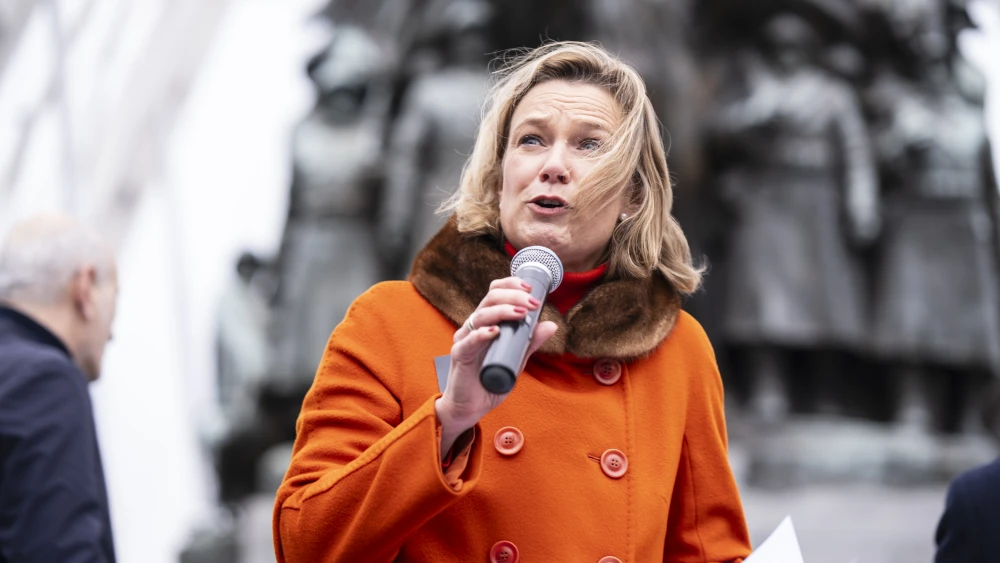 European Commission's coordinator on combating antisemitism and fostering Jewish life Katharina von Schnurbein delivers a speech during a national march against antisemitism in Brussels, Belgium on Dec. 10, 2023. Photo by Thierry Monasse via Getty Images.