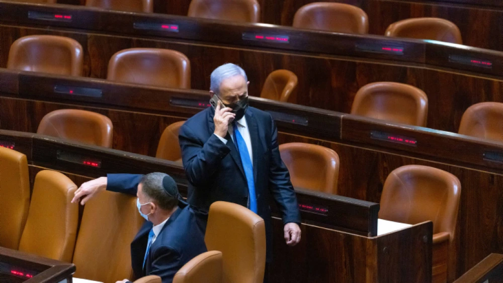 Israeli Prime Minister Benjamin Netanyahu in the plenum hall of the Israeli parliament during the voting in the presidential elections, Jerusalem, June 2, 2021. Photo by Olivier Fitoussi/Flash90.