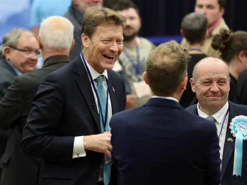 Reform UK Deputy Leader Richard Tice talks with candidate Ross Lambie at the Hamilton, Larkhall and Stonehouse by-election count in Hamilton, Scotland, on June 06, 2025. Photo by Jeff J Mitchell/Getty Images.
