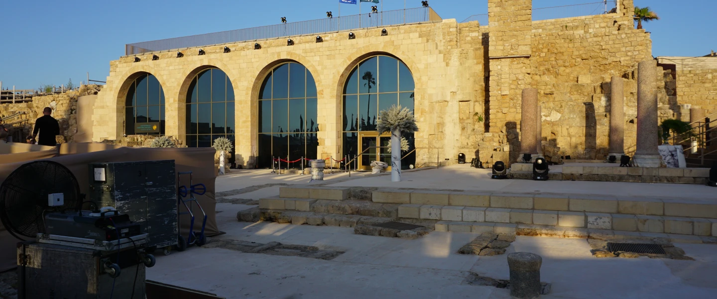 The new Visitor Center in Caesarea combines artifacts with innovative displays, including a 10-minute film telling the story of Herod and the building of Caesarea projected vertically onto one of the huge vault walls, May 2019. Photo by Judy Lash Balint.