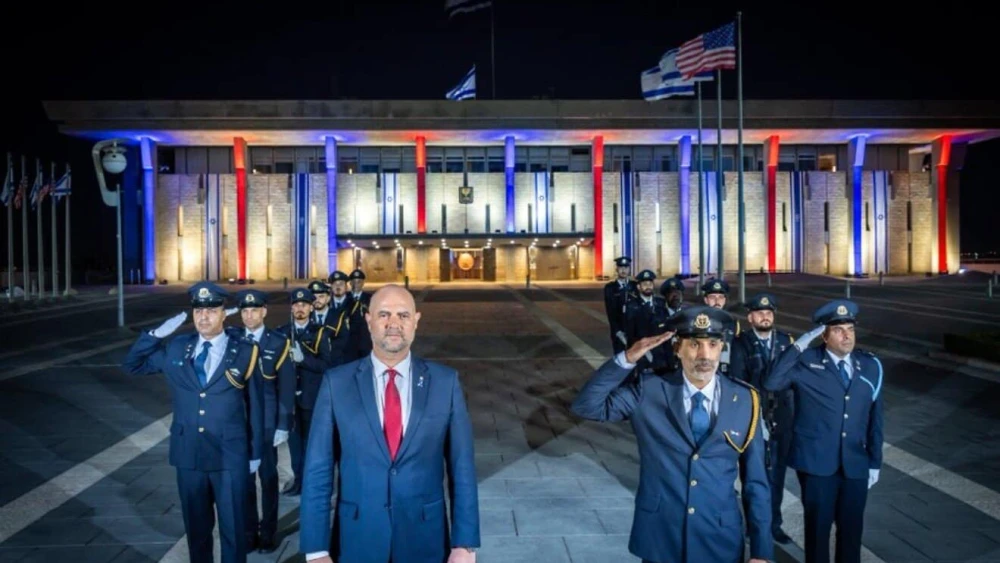 The Knesset was lit in the colors of the U.S. flag with Speaker Amir Ohana thanking President Donald Trump, June 22, 2025. Photo by Noam Moskowitz/Knesset Press Office.