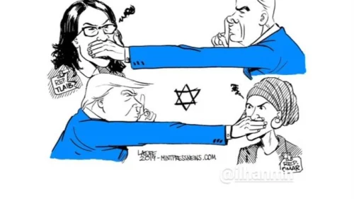 This image, posted on the personal social-media accounts of Reps. Rashida Tlaib and Ilhan Omar over the weekend of Aug. 17, 2019, shows U.S. President Donald Trump and Israeli Prime Minister Benjamin Netanyahu physically silencing them. Source: Screenshot.