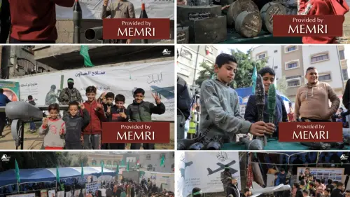Boys pose with weapons at the Hamas arms exhibition on Dec. 9, 2022. Source: Safa.ps; T.me/shamal_online1 via MEMRI