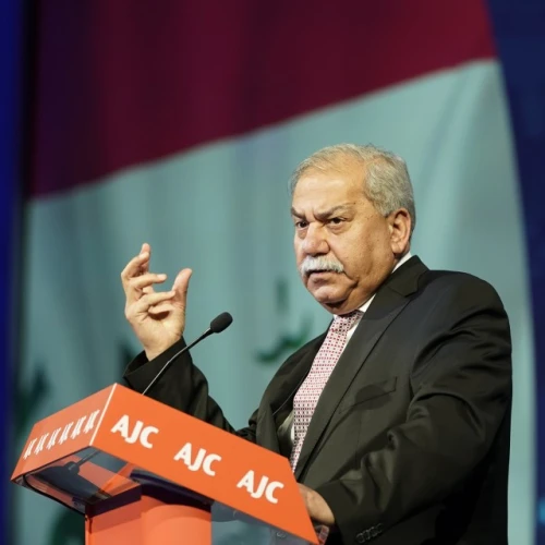Mithal Jamal al-Alusi speaks at an event hosted by the American Jewish Committee in 2019. Credit: American Jewish Committee.