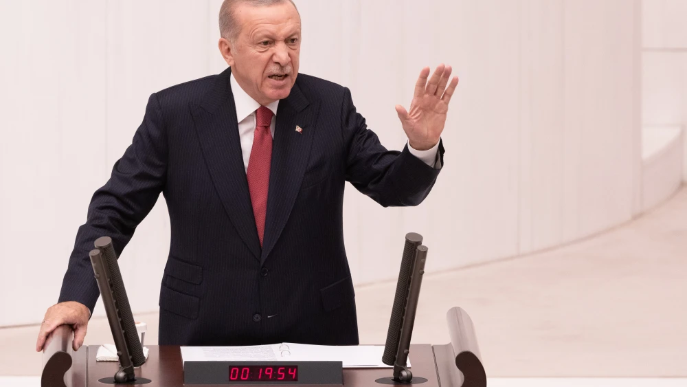 Turkish President Recep Tayyip Erdogan addresses the parliament to mark the opening of the new legislative year at the General Assembly of the Turkish Grand National Assembly (TBMM) on Oct. 1, 2024 in Ankara, Turkey. Photo by Serdar Ozsoy/Getty Images.