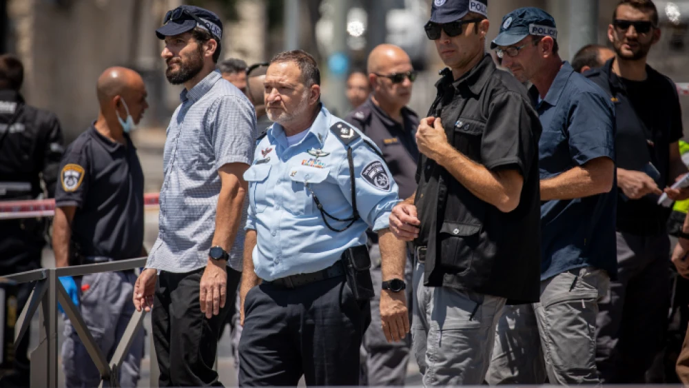 Israel Police Chief Kobi Shabtai arrives at the scene of a suspected terror attack near Ammunition Hill in Jerusalem on May 24, 2021. Photo by Yonatan Sindel/Flash90.