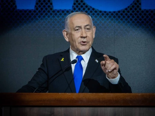 Prime Minister Benjamin Netanyahu speaks at Newsmax event in Jerusalem, on Aug. 13, 2025. Photo by Shalev Shalom/POOL.