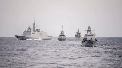 Israel, Greek and Cypriot vessels take part in the "Noble Dina" naval exercise on March 12, 2021. Source: IDF Twitter.