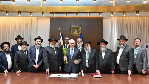 Israeli Prime Minister Benjamin Netanyahu hosts a delegation of Chabad rabbis in his Jerusalem office in honor of the Sukkot holiday, Oct. 6, 2025. Photo by Kobi Gideon/GPO.