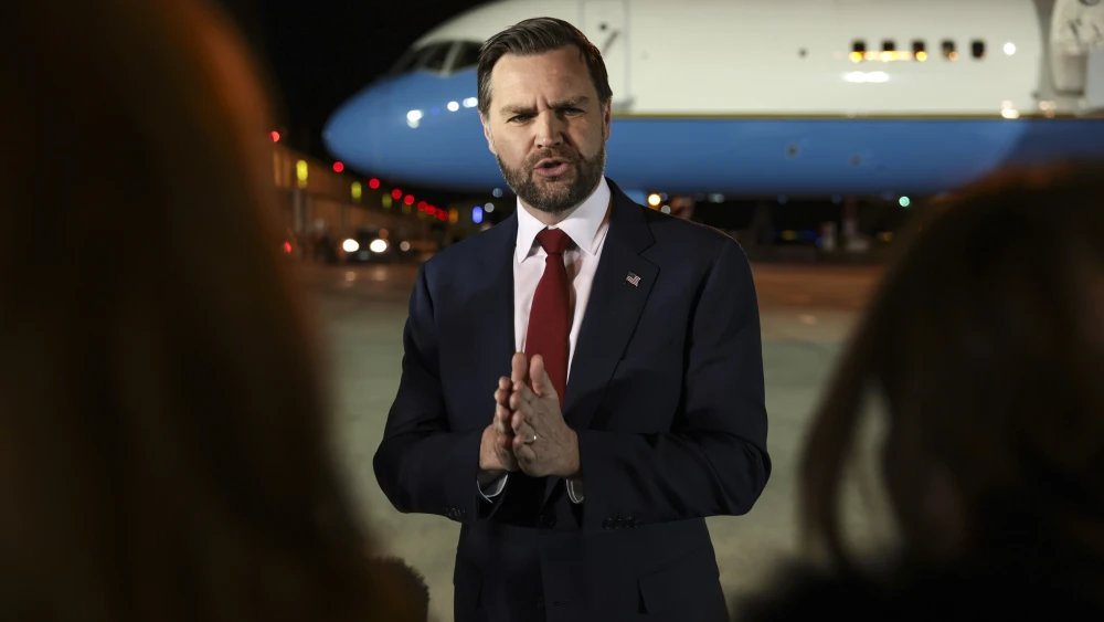 U.S. Vice President JD Vance speaks to the press before boarding Air Force Two to return to Washington, D.C. from Budapest Ferenc Liszt International Airport, April 8, 2026. Photo by Jonathan Ernst-Pool/Getty Images.