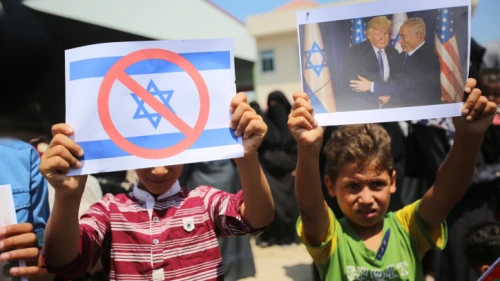 Palestinians in Gaza City protest against U.S. President Donald Trump's Peace to Prosperity conference in Bahrain, June 25, 2019. Photo by Hassan Jedi/Flash90.