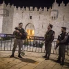 Click photo to download. Caption: Israeli Border Police officers guard at the Damascus Gate as security forces shut down Jerusalem's Old City while searching for a suspect following a stabbing attack on May 2, 2016. Credit: Hadas Parush/Flash90.